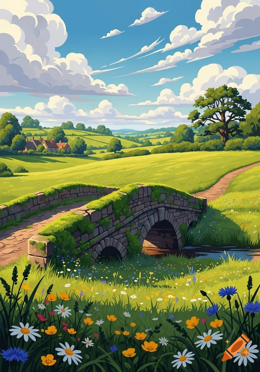 Vibrant illustration of a green countryside with a stone bridge, winding path, fields, and distant houses under a blue sky with clouds.