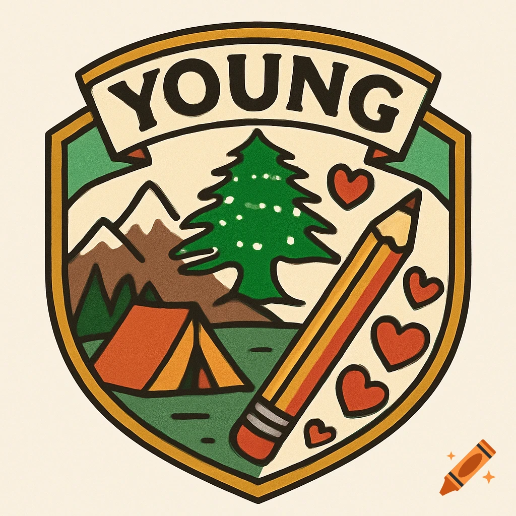 A colorful crest badge with 'YOUNG' on a banner, featuring mountains, a pine tree, a tent, a pencil, and red hearts.