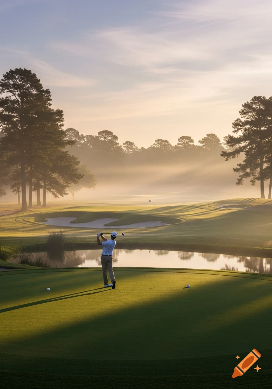 A golfer swings on a misty course at sunrise, with a pond and pine trees.