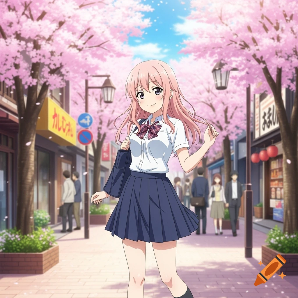 An anime girl with pink hair in a school uniform smiles while walking on a cherry blossom-lined street.