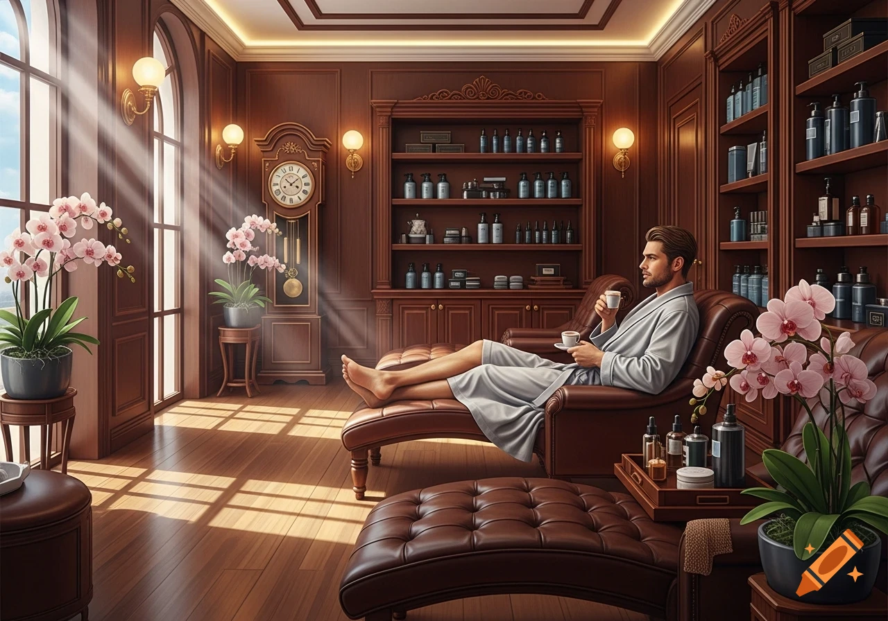 A man in a light gray bathrobe relaxes on a brown leather chaise lounge in a luxurious spa room, holding a small cup. Sunlight streams through large windows, illuminating orchids and a grandfather clock.