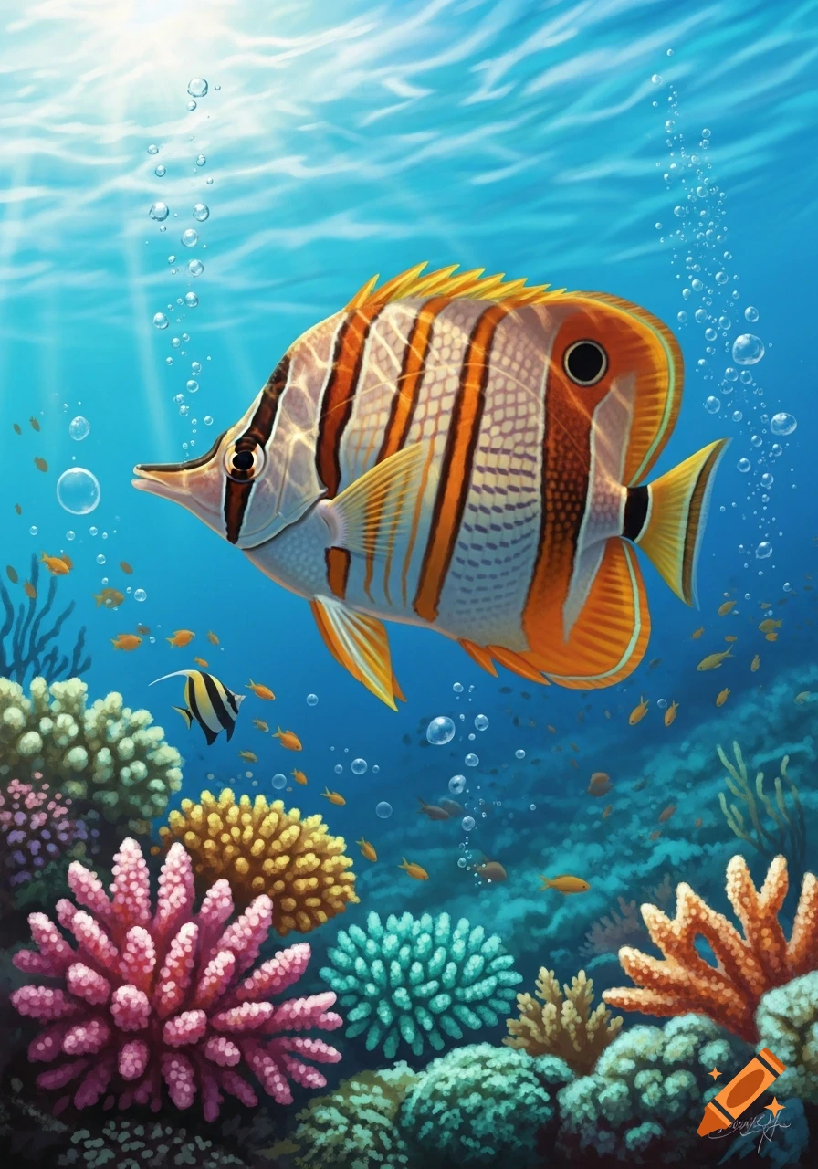 A vibrant illustration of a butterfly fish swimming among colorful coral in a sunlit underwater reef.