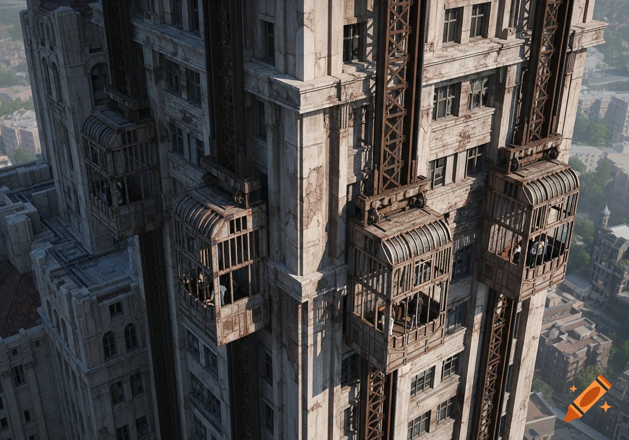 An aerial view of a tall, decaying brutalist building with multiple rusted, open-air elevators visible on its exterior.