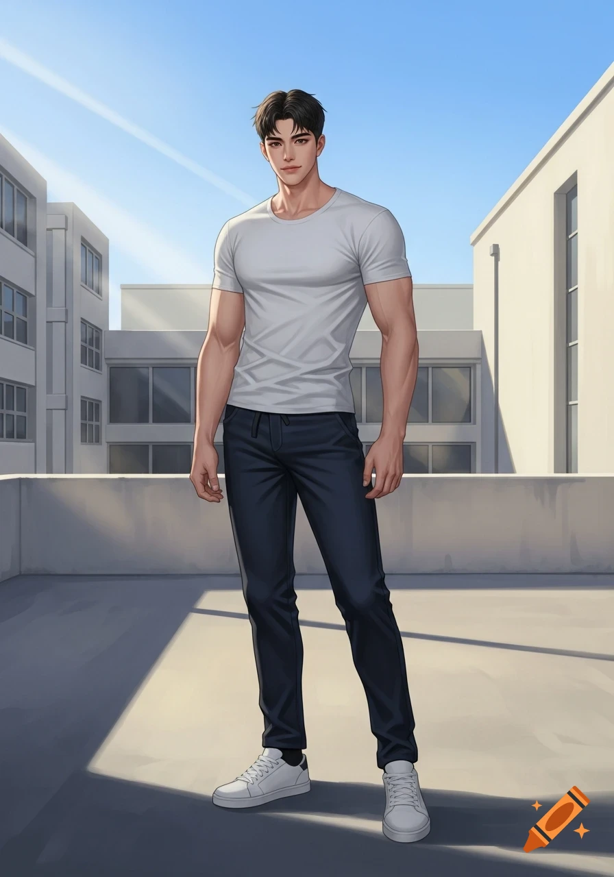 Anime-style young man with dark hair in a white t-shirt and dark pants, standing on a rooftop under a bright blue sky.