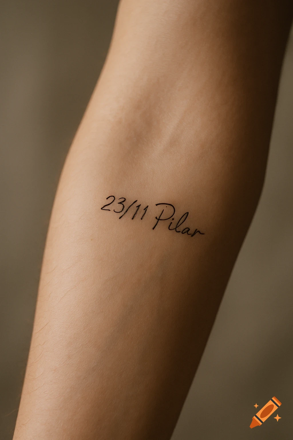 Close-up of a human forearm with a black minimalist tattoo '23/11 Pilar' in an elegant script, showing natural skin texture.