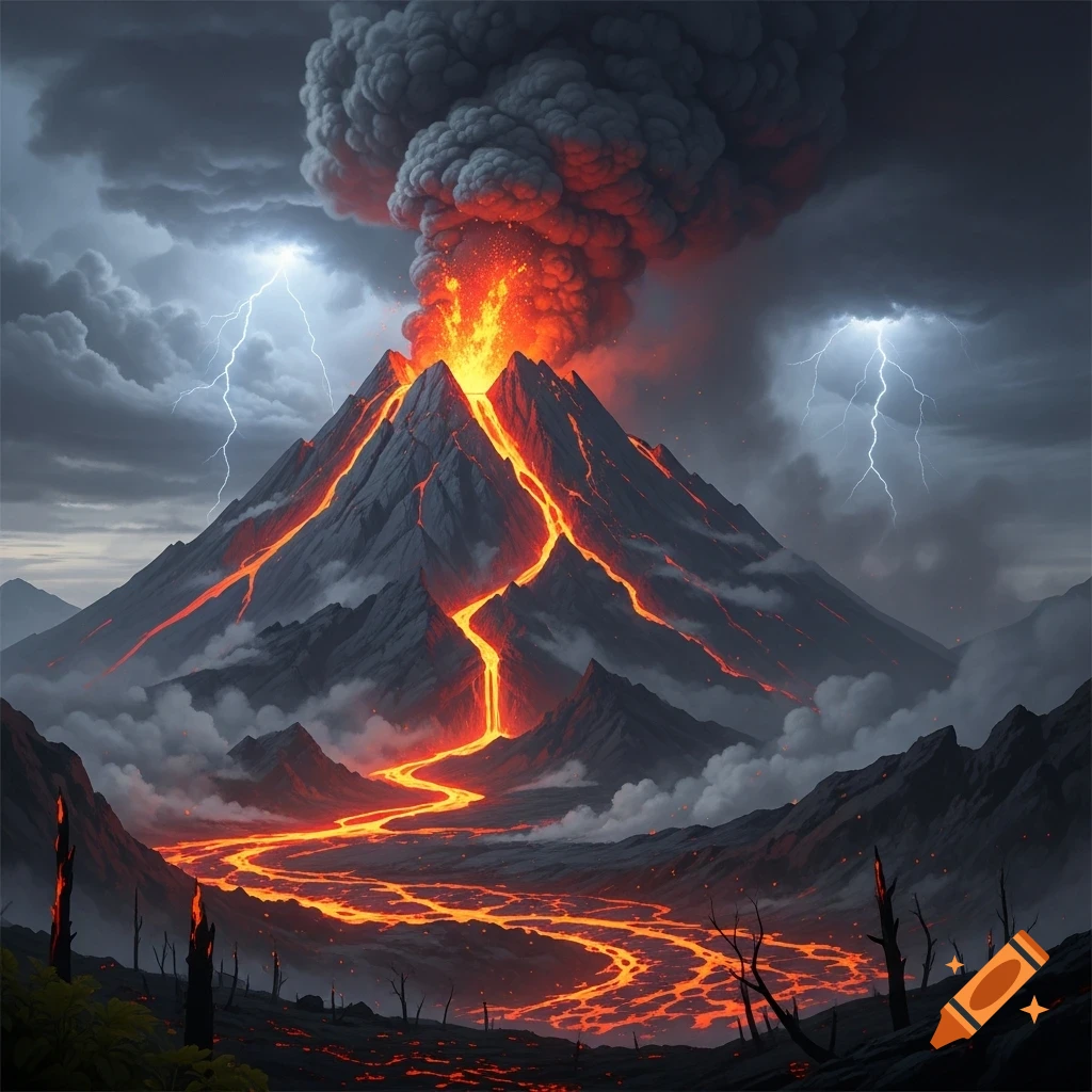 Dramatic volcanic eruption with bright lava rivers, thick smoke, and lightning strikes in a stormy sky above a scorched landscape.