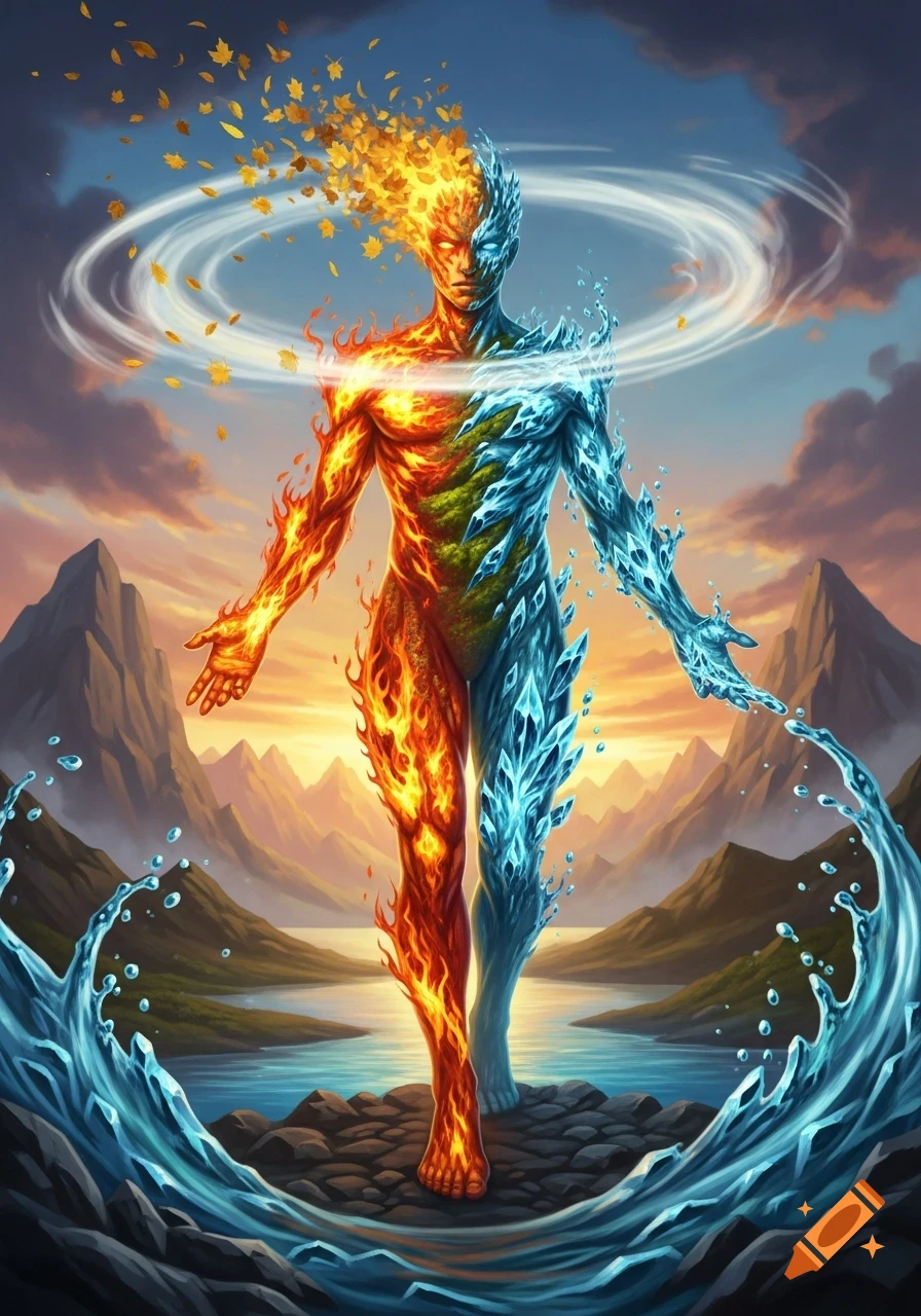 A vivid fantasy image of an elemental being split between fiery red and icy blue, standing in a landscape with mountains, a lake, swirling leaves, and splashing water.