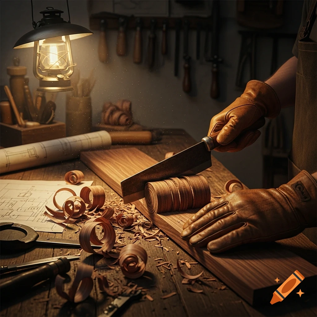 Gloved hands carve wood on a rustic workshop table, surrounded by tools and shavings, illuminated by a warm lantern light. Photorealistic.