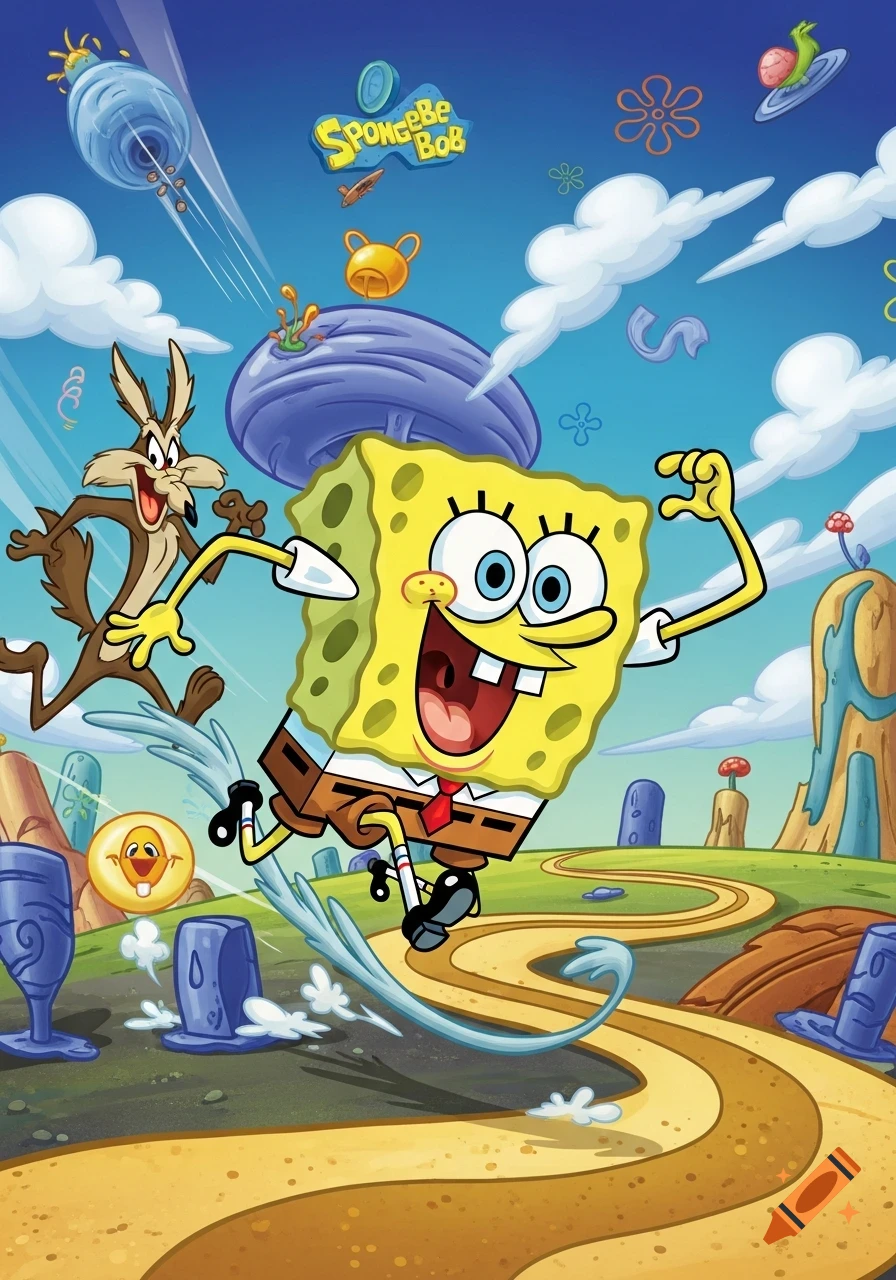 SpongeBob SquarePants and Wile E. Coyote are running through a vibrant cartoon landscape with winding roads and floating objects.