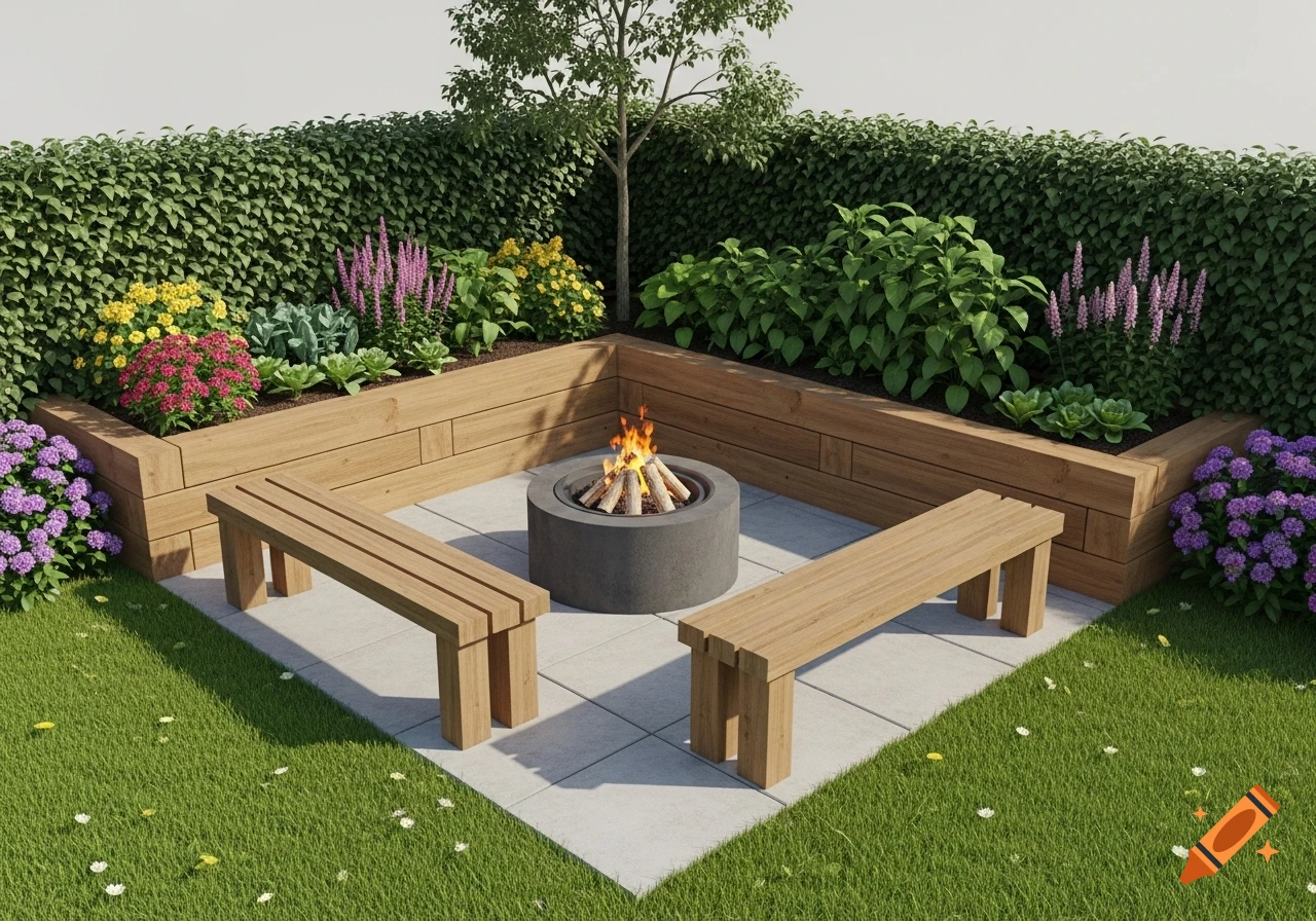 A photorealistic outdoor garden seating area with a central fire pit, two wooden benches, and raised timber garden beds.