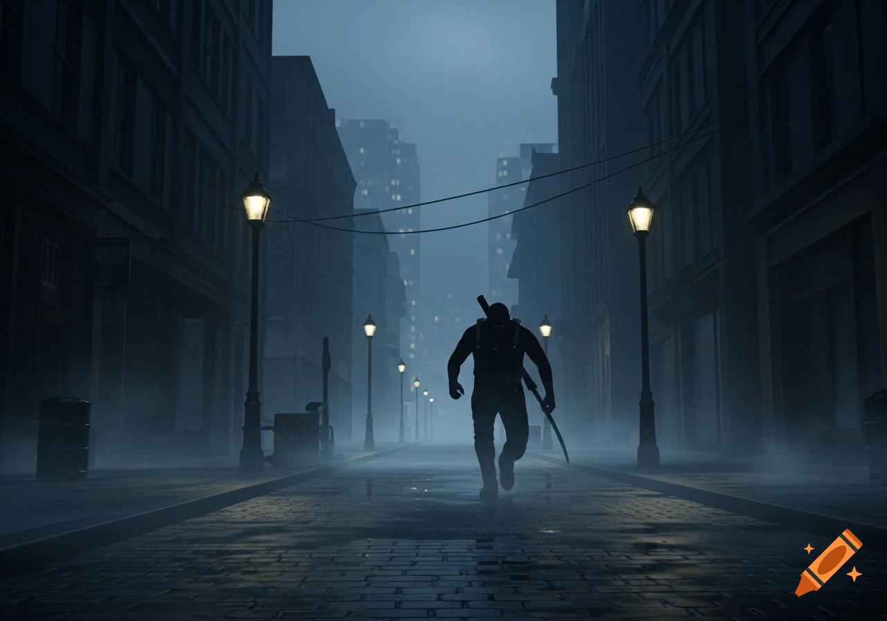 A dark silhouette of a figure carrying a sword walks down a foggy, lamp-lit city street at night.