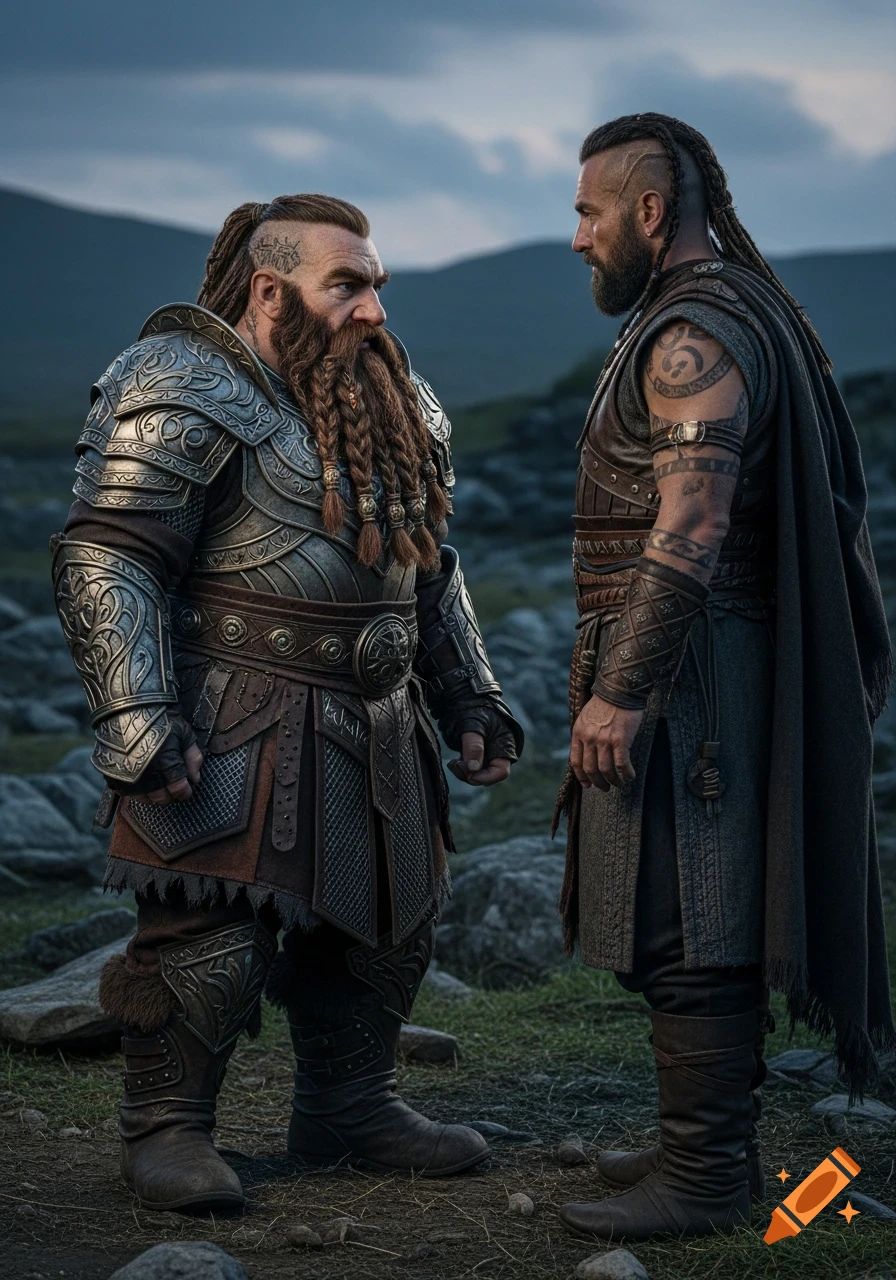 A muscular dwarf in ornate armor and a tall warrior with braided hair and tattoos confront each other in a rocky, mountainous landscape.