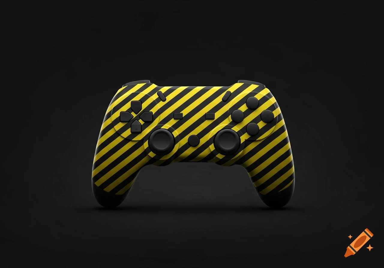 A black and yellow striped video game controller against a dark ...