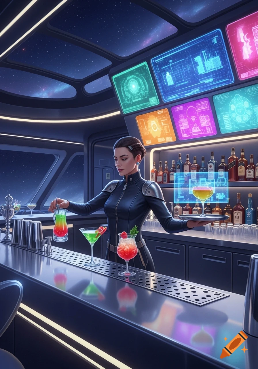 An elegant barista in a futuristic jumpsuit serves vibrant cocktails in a luxury space station bar with large windows overlooking space.