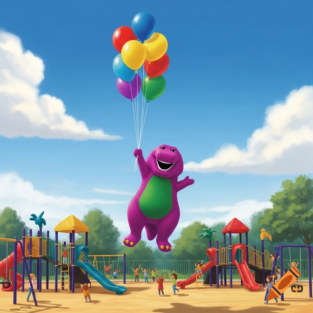 Barney the purple dinosaur floats over a sunny playground, holding a large bunch of colorful balloons, while children play below.