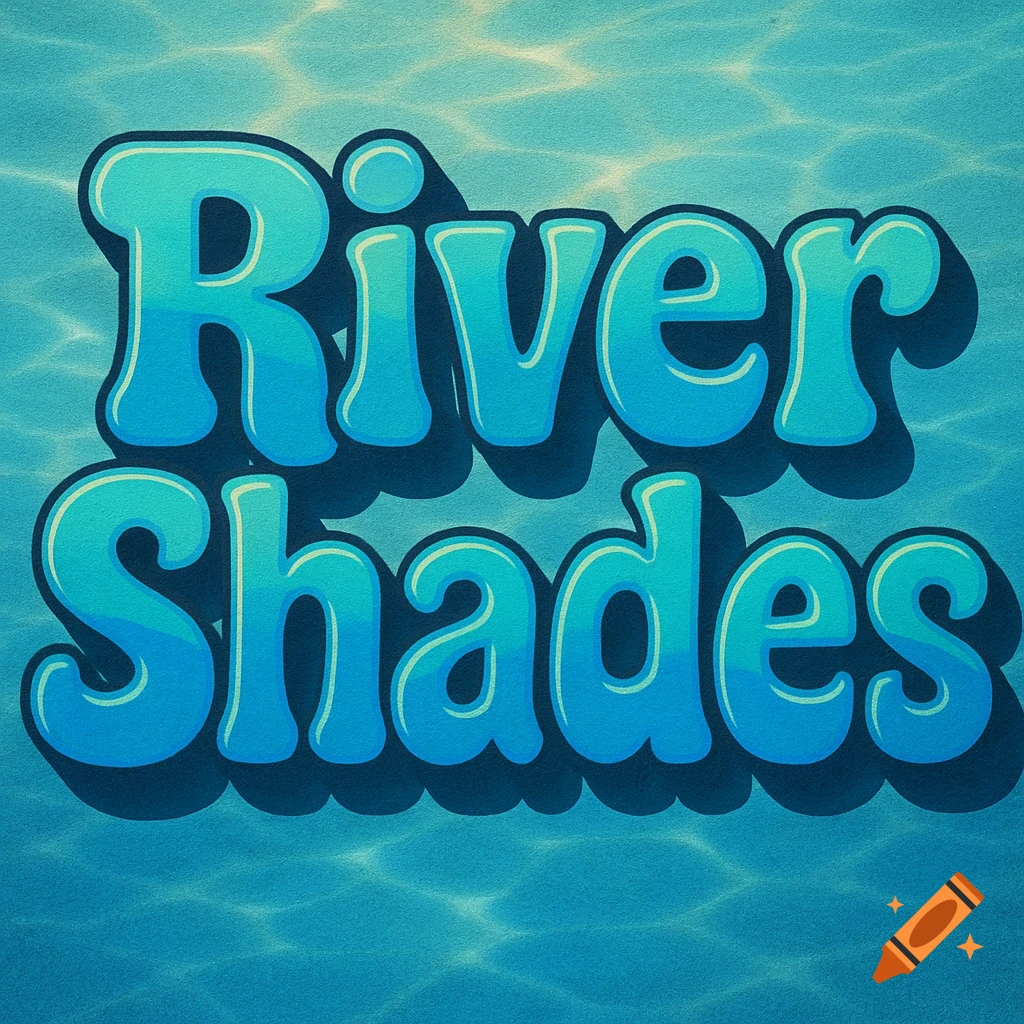 Stylized text 'River Shades' in a chunky blue retro font against a rippling light blue water background.