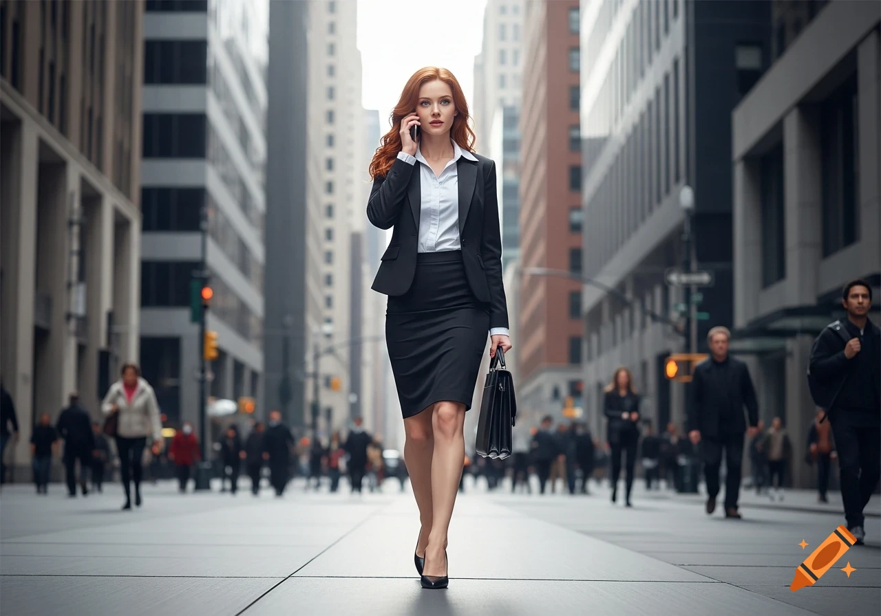 A professional woman with red hair in a black skirt suit walks down a city street, talking on a phone and carrying a briefcase.
