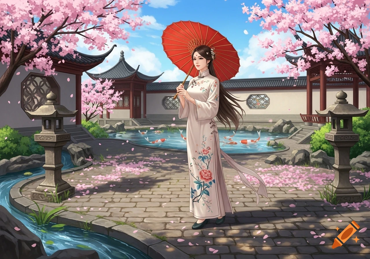 Illustrated Chinese woman in floral qipao holding red parasol in a cherry blossom garden with koi pond and traditional buildings.