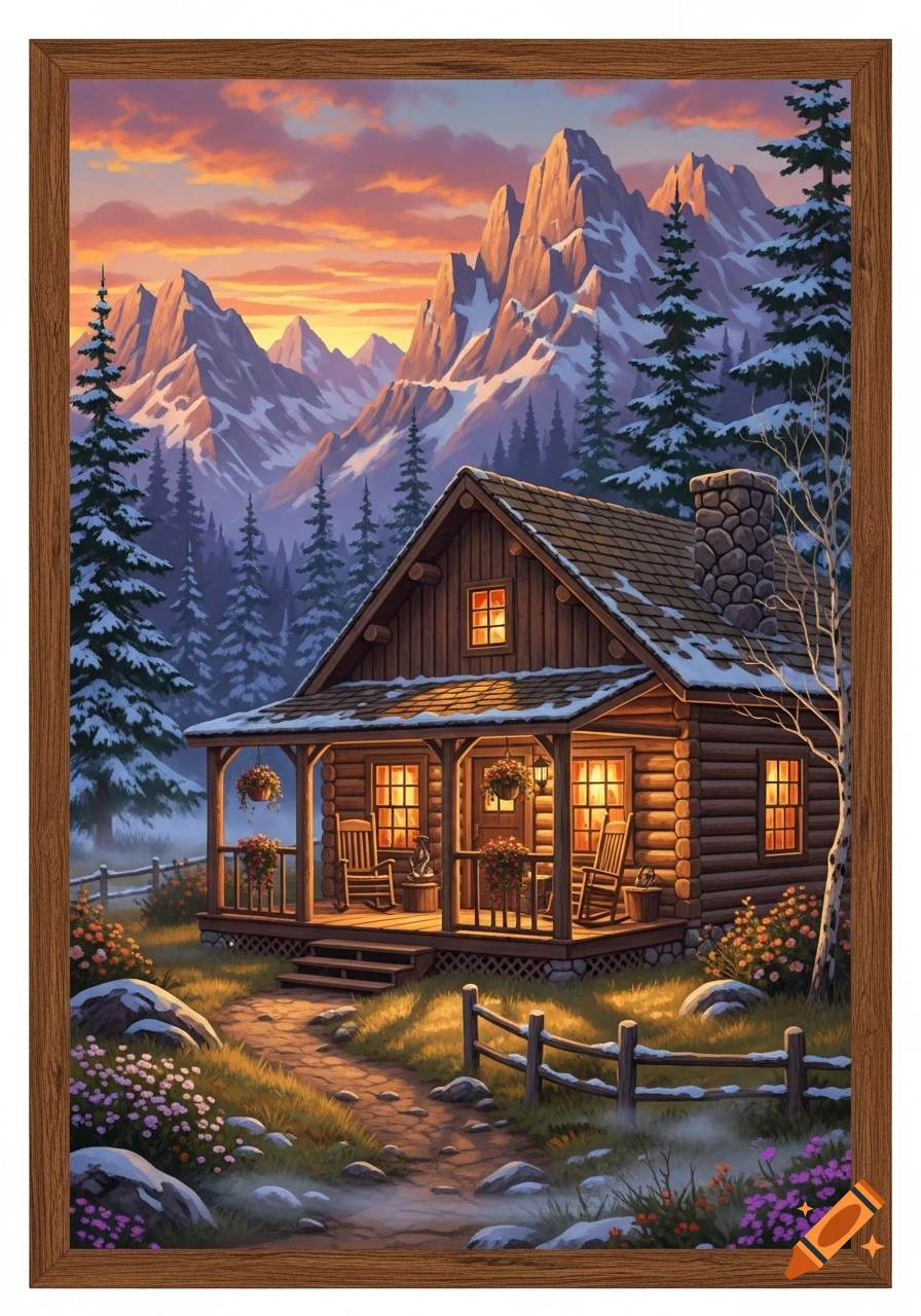 A vibrant painting of a cozy log cabin with a lit porch amidst a snowy mountain landscape and pine trees at sunset.