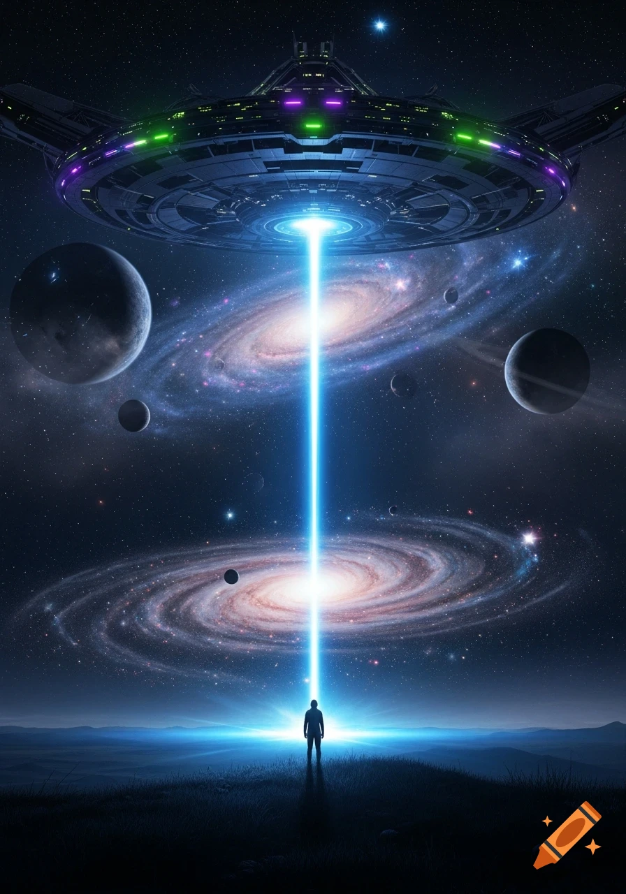 A person stands on a dark hill under a starry sky, looking up at a large UFO beaming a blue light down, with galaxies and planets in the background.
