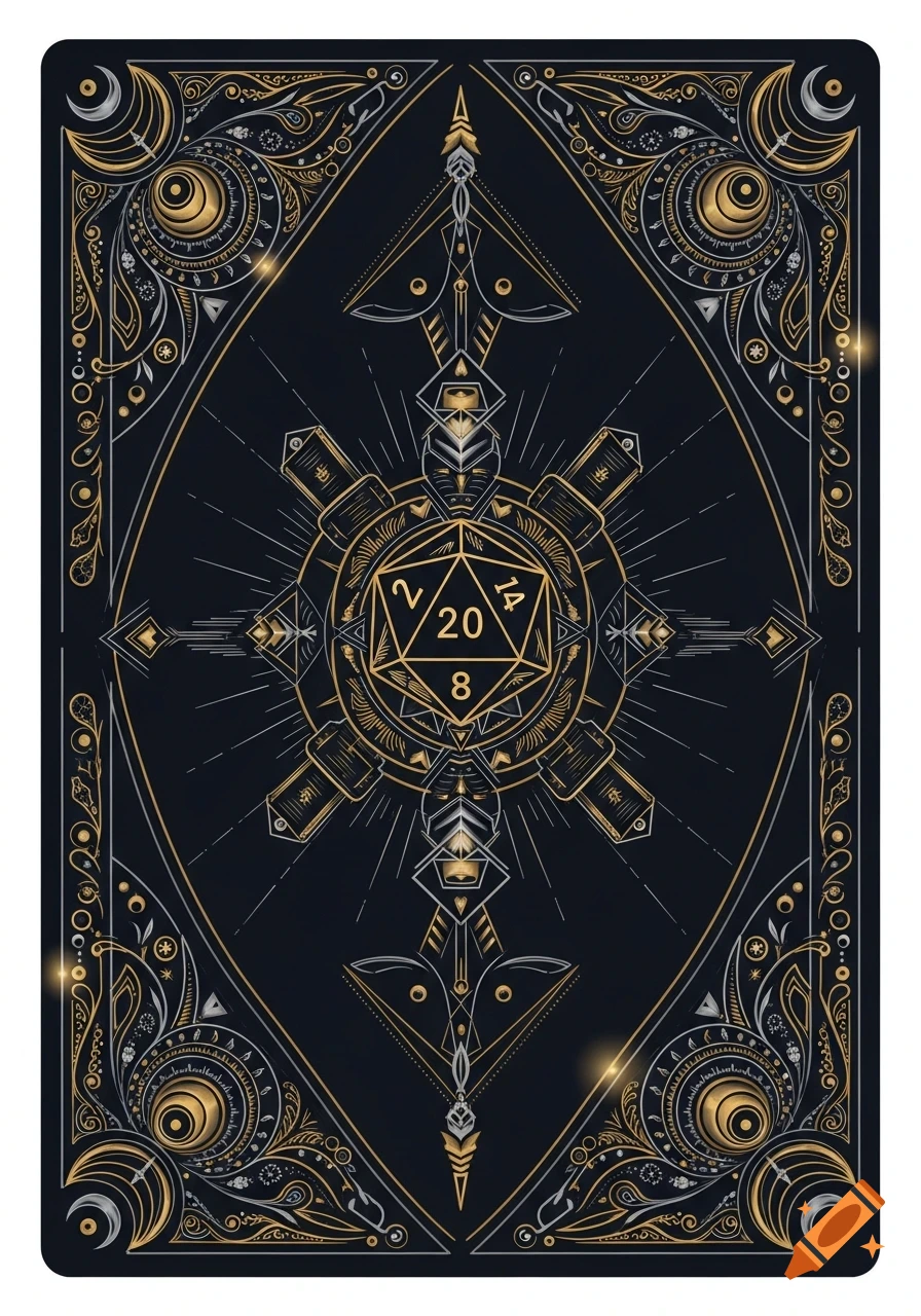 Dark navy blue playing card back with intricate gold and silver symmetrical fantasy patterns, centered around a 20-sided dice.