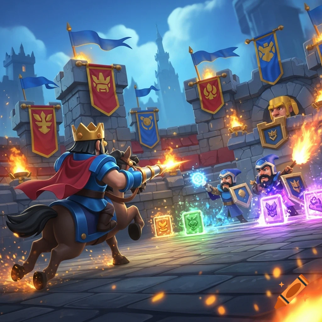 A king on horseback fires a weapon towards wizards and glowing cards, set against a fantasy castle backdrop in a vibrant, cartoon style.