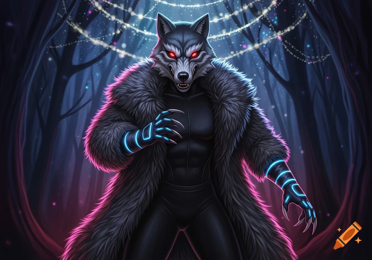 A menacing wolf-man in a fur coat and black jumpsuit with glowing red eyes and blue cybernetic claws, standing in a dark, sparkling forest.