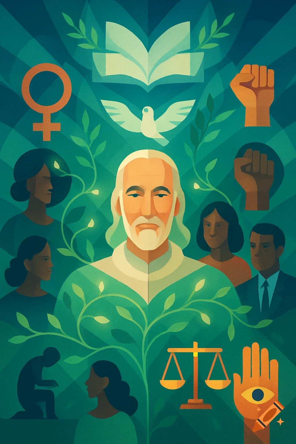 Stylized illustration of a bearded man surrounded by symbols including a female sign, raised fists, dove, open book, scales of justice, and diverse people, in a green and teal palette.
