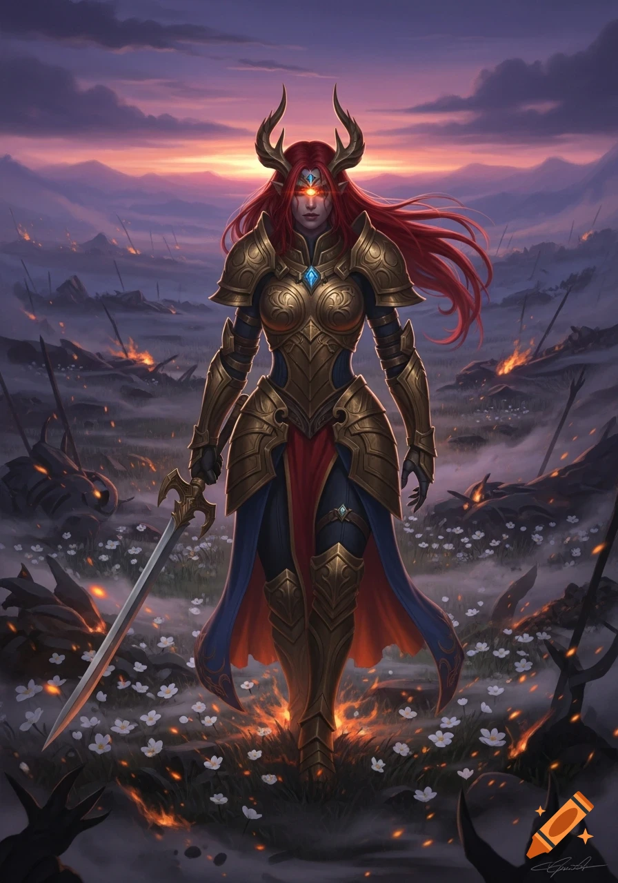 A fantasy warrior with red hair, glowing eyes, and horns, wearing ...