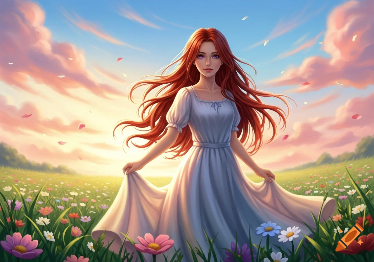 A vibrant illustration of a woman with long red hair and purple eyes in ...
