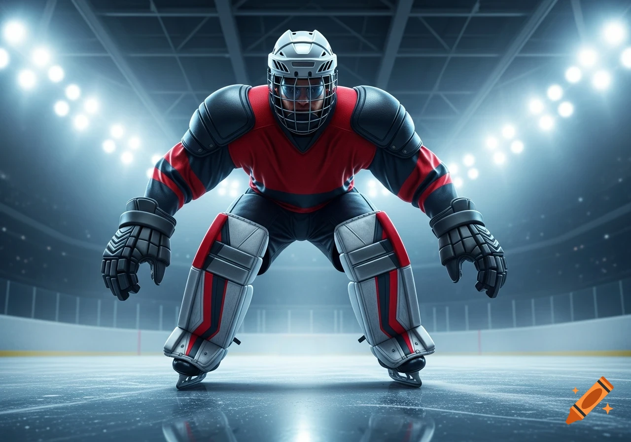 A photorealistic image of a hockey player in red and black gear, helmet, and pads, crouching on an ice rink in a brightly lit stadium.
