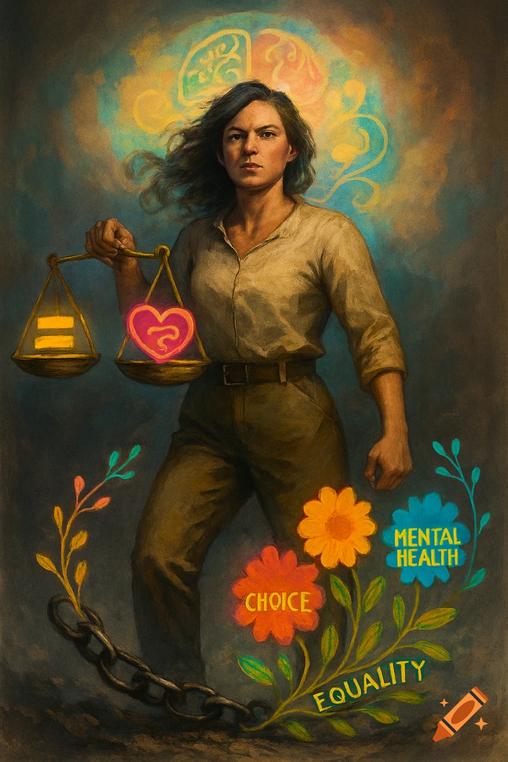 A strong woman holds scales with an equal sign and a heart. Flowers with text 'CHOICE', 'MENTAL HEALTH', 'EQUALITY' grow from a broken chain at her feet, and a brain motif glows above her head in a painterly style.