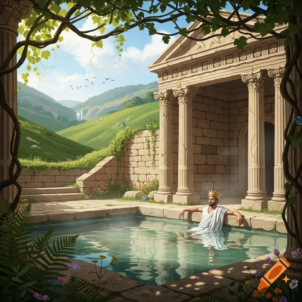 Illustrated scene: A crowned man in a toga relaxes in a Roman bath, surrounded by classical architecture and a lush green landscape.