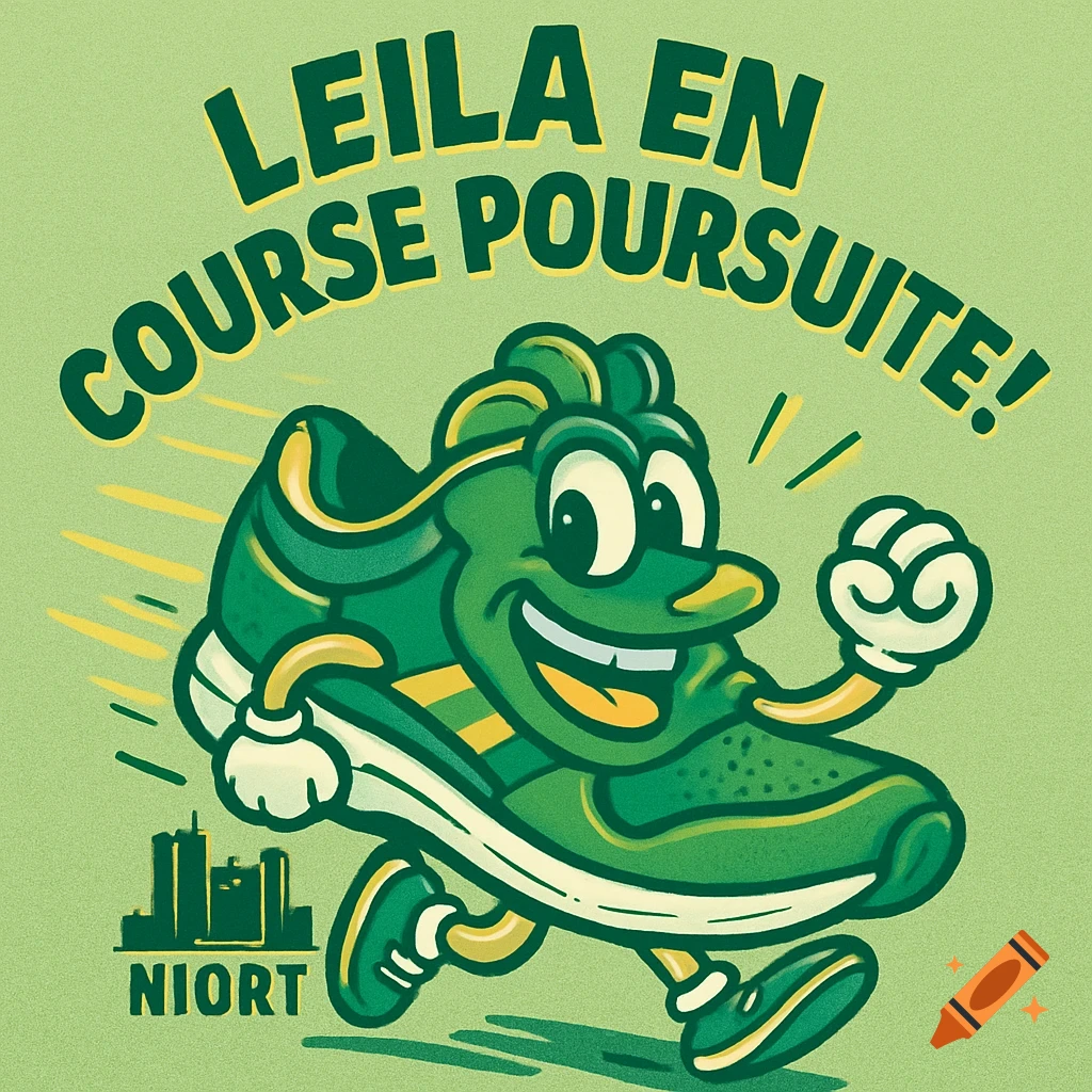 A green cartoon running shoe with a happy face, arms, and legs, running energetically. Text above reads "LEILA EN COURSE POURSUITE!" and "NIORT" with a city skyline below.
