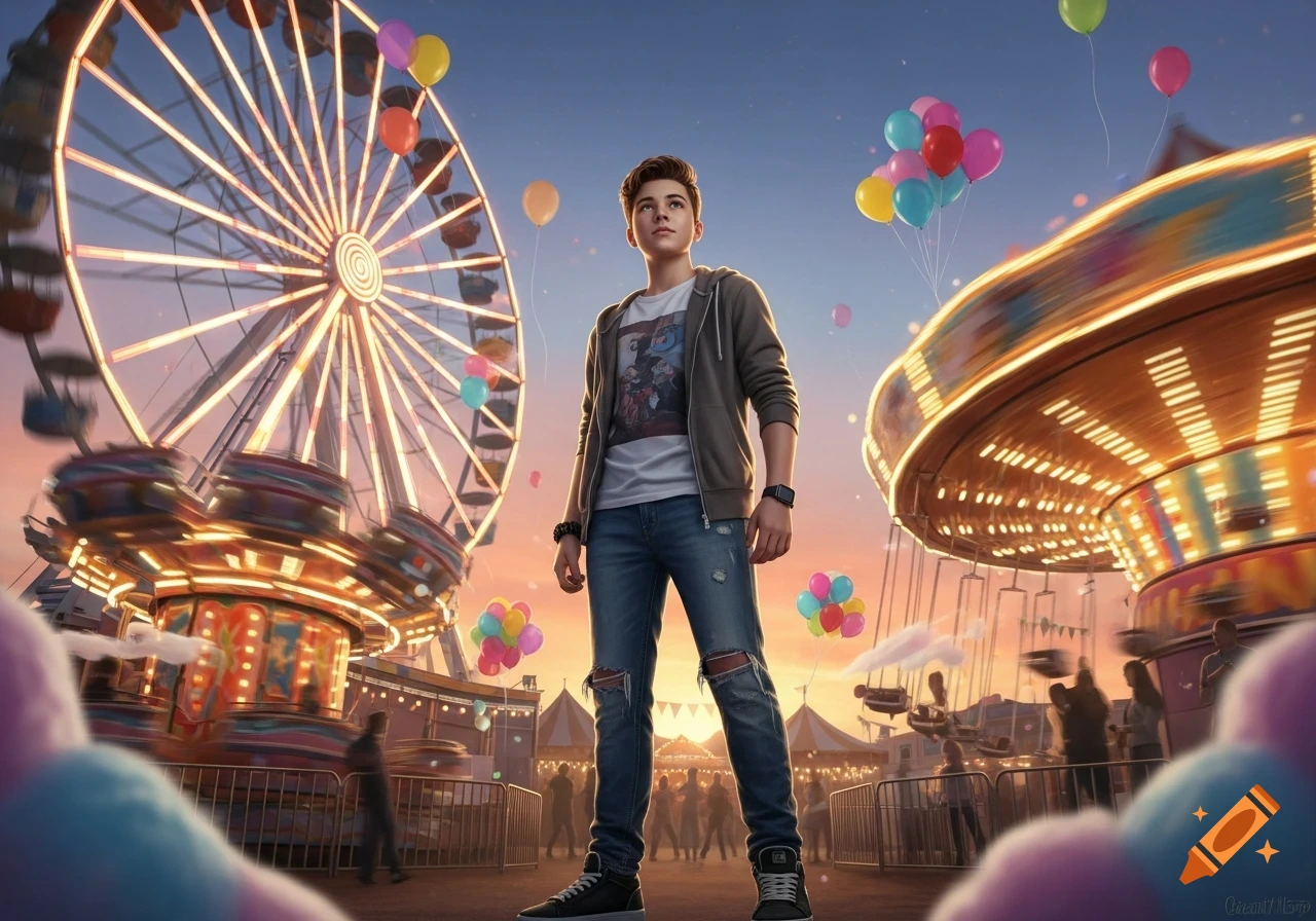 A young man stands at a vibrant carnival at sunset, with a brightly lit Ferris wheel and carousel in the background.