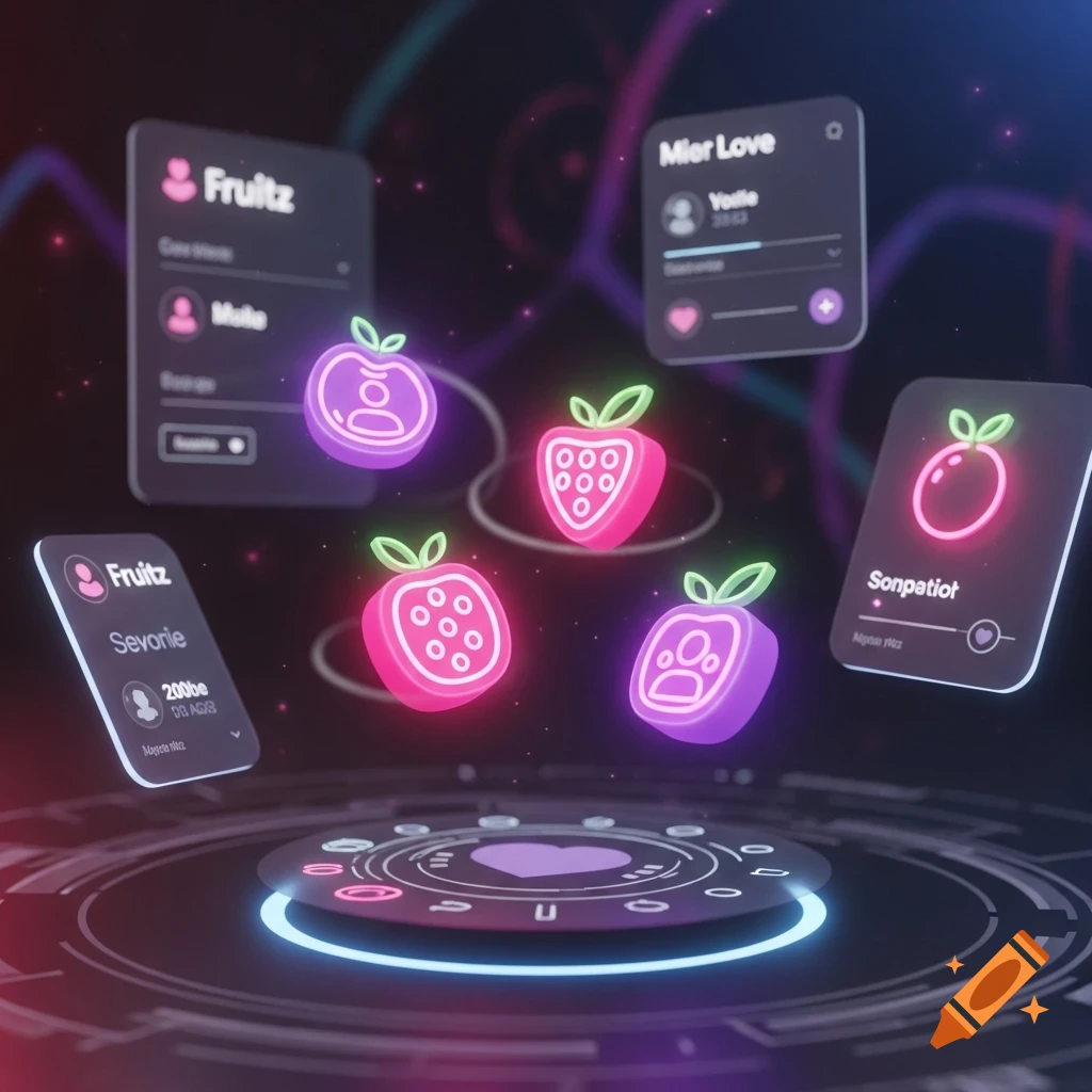A futuristic dating app interface with neon pink and purple fruit icons floating above a glowing holographic base. Dark UI cards display names and text.