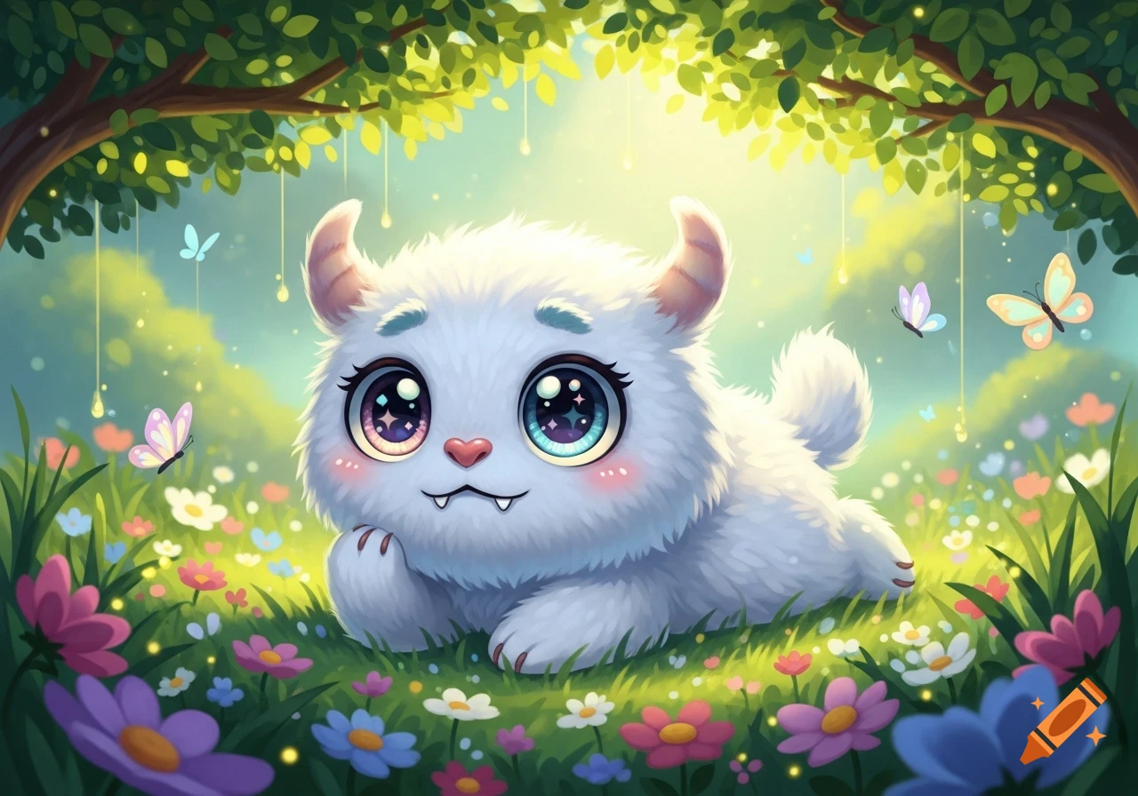 A cute white fluffy monster with large sparkling eyes lies in a colorful flower field with butterflies under a sunny tree, cartoon illustration.