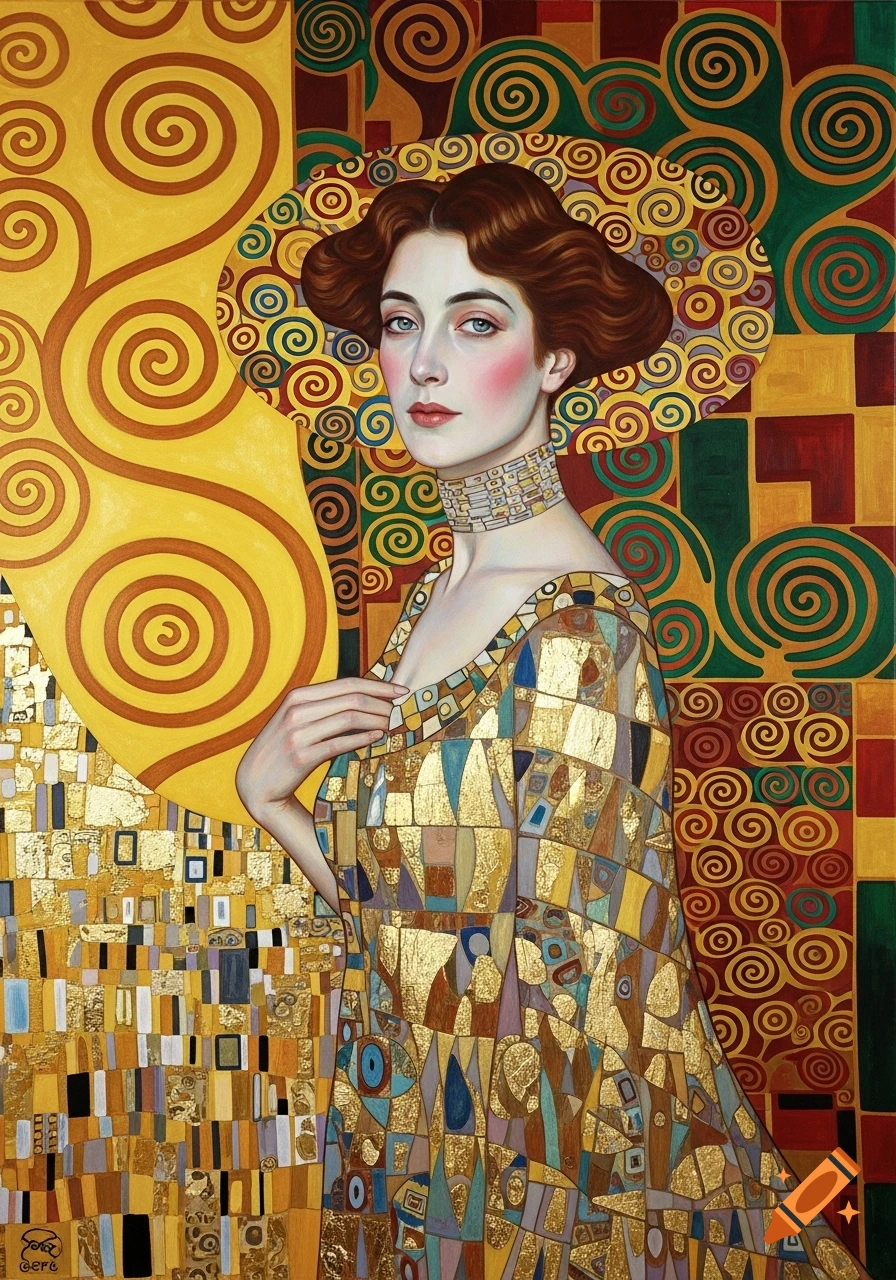 A portrait of a woman with red hair and fair skin wearing a golden, geometrically patterned dress, in the ornate Art Nouveau style of Gustav Klimt. The background features swirling yellow and patterned dark red, green, and gold designs.