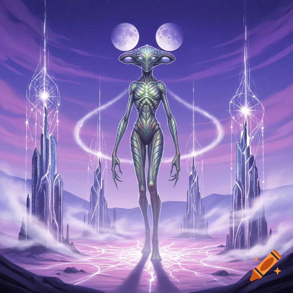 A tall, slender alien stands on a glowing purple alien planet under two moons, surrounded by futuristic crystal-like spires.