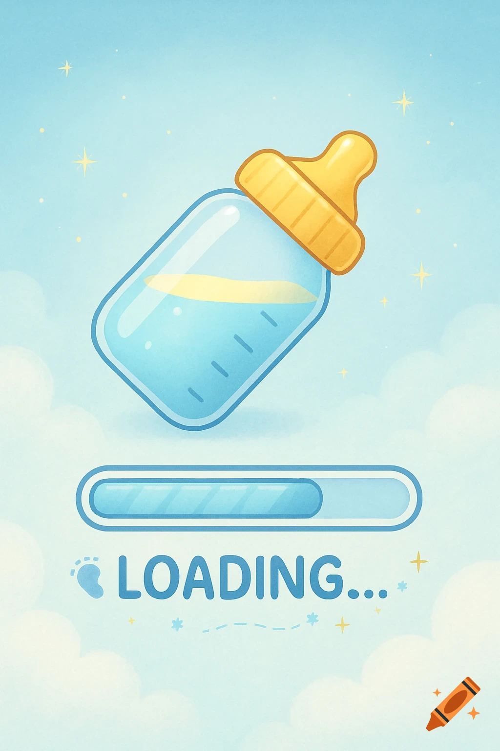 Cartoon illustration of a baby bottle floating above a progress bar that reads 'LOADING...' on a blue background with clouds and stars.