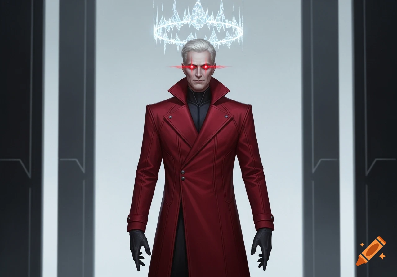 A sharply dressed man with white hair, glowing red eyes, and a crystalline halo floats above his head. He wears a crimson trench coat and black gloves.