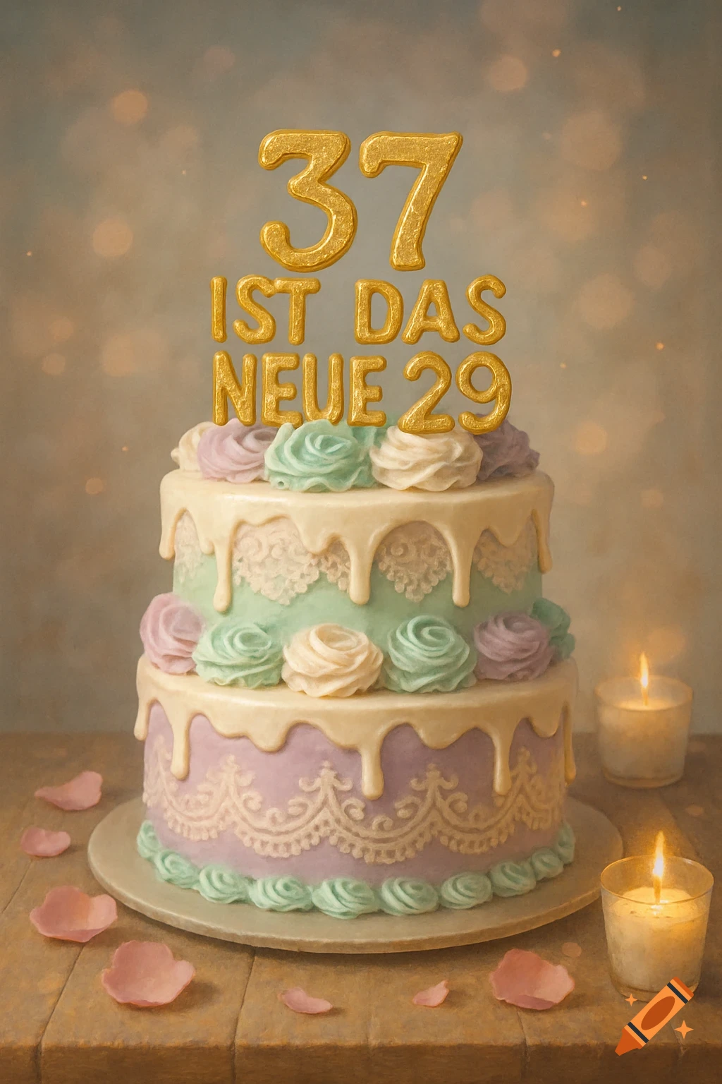 A two-tier pastel birthday cake with "37 IST DAS NEUE 29" in gold letters, surrounded by lit candles and rose petals.