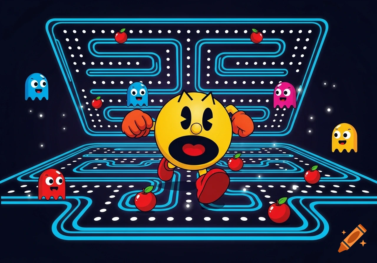 A colorful vector illustration of Pac-Man running through a blue neon maze filled with white pellets, red apples, and various colored ghosts.