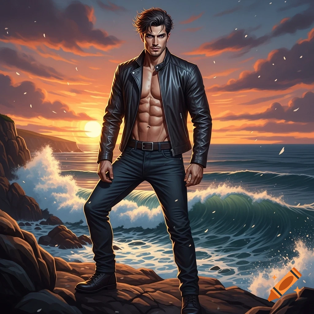 Muscular man in an open black leather jacket and jeans stands on rocky ocean shore at sunset, looking stoic in an illustrated style.