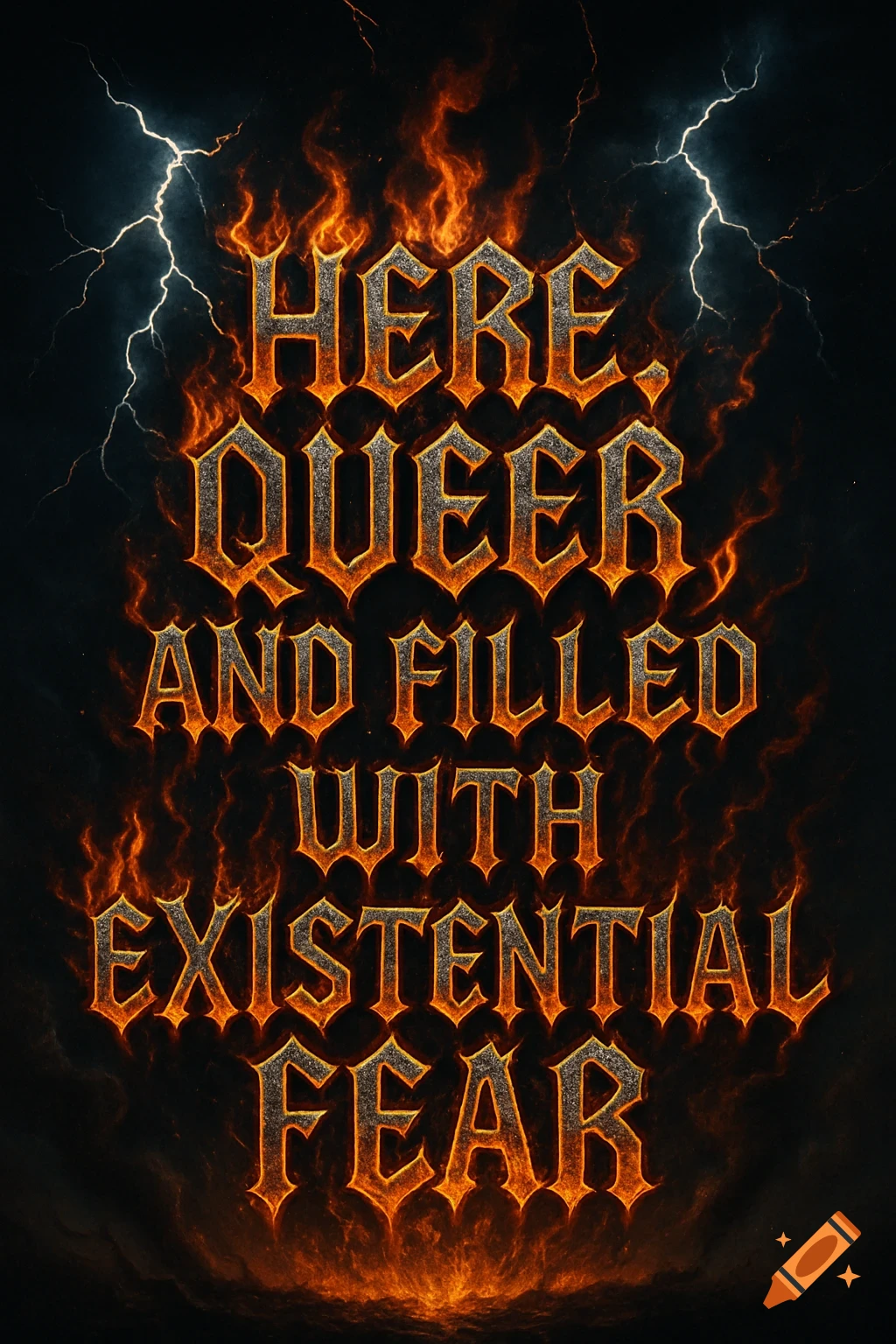 Heavy metal font reads 'HERE, QUEER, AND FILLED WITH EXISTENTIAL FEAR' engulfed in flames and lightning on a dark background.