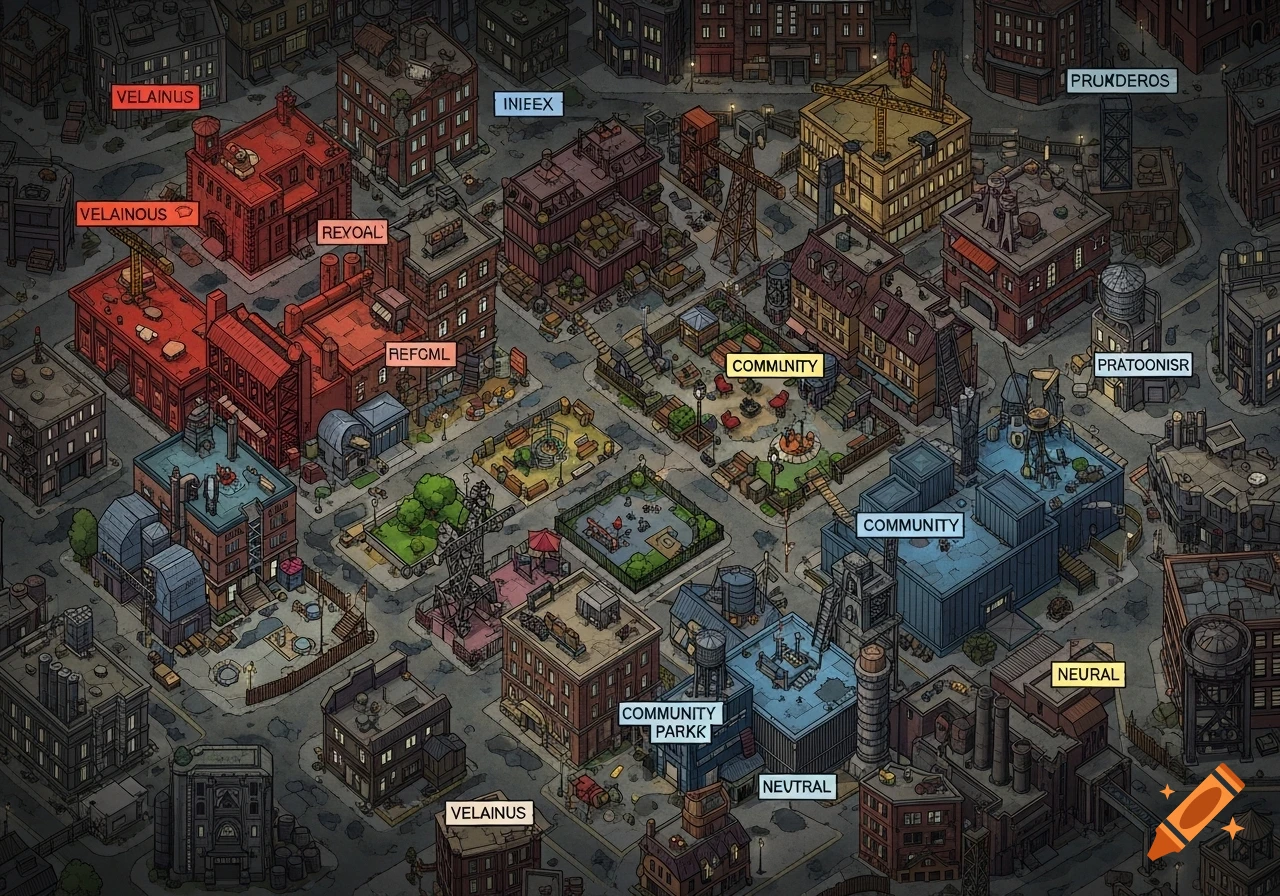 An isometric, top-down comic book style map of a dense, semi-industrial urban district at night with color-coded zones.