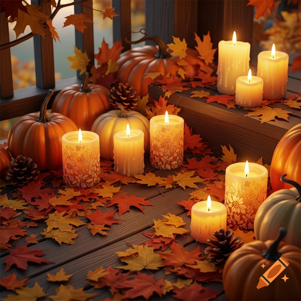 A photorealistic autumn scene with lit candles, pumpkins, and scattered fall leaves on a wooden deck.