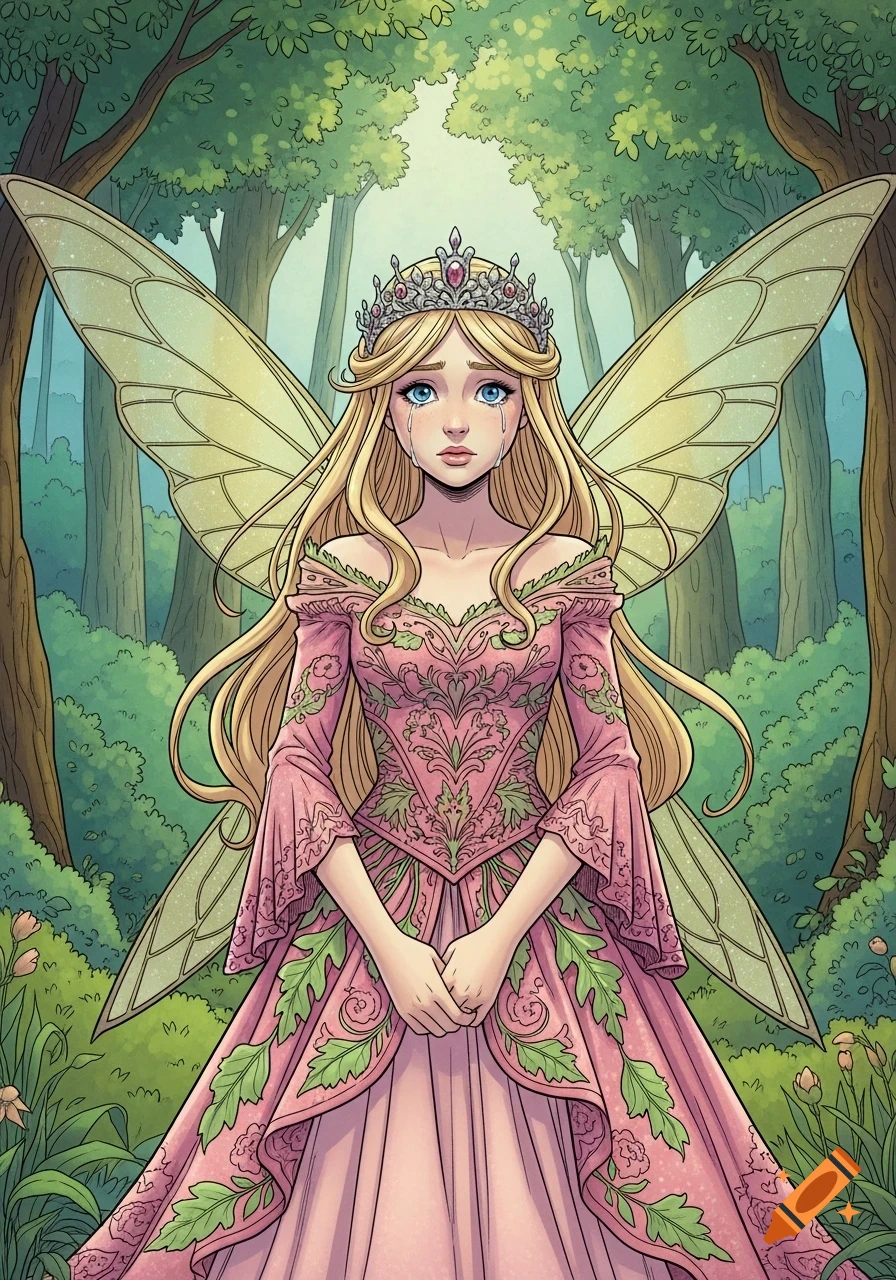 A blonde fairy princess with a crown and pink gown with leaf patterns cries in a lush forest, comic art style.