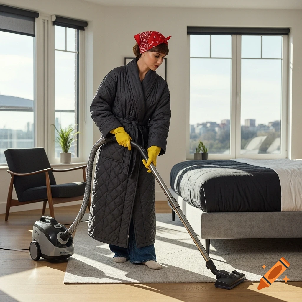 A woman in a red bandanna, dark quilted robe, and yellow gloves vacuums a modern bedroom, looking down at the task.