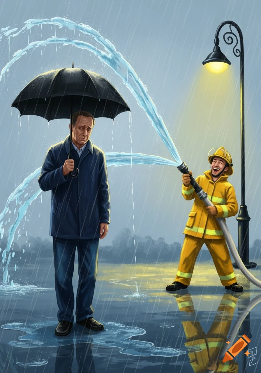 An illustration of a sad man holding an umbrella while a laughing firefighter sprays him with a hose in the rain.